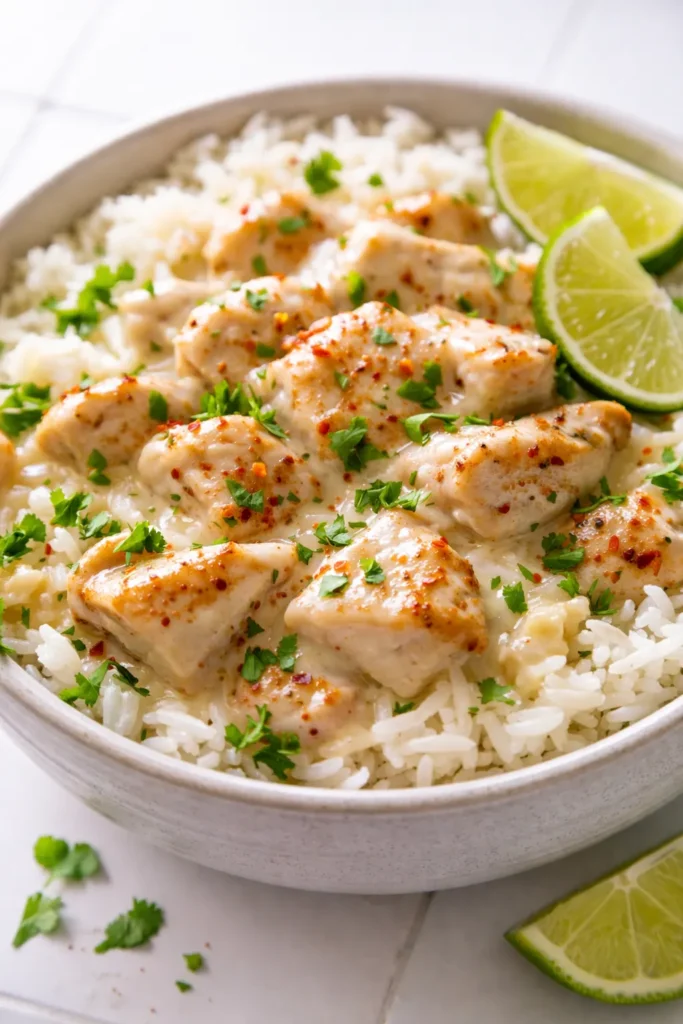 Creamy coconut sauce coats tender chicken and fluffy rice in one-pan bowls, garnished with fresh herbs and colorful toppings.