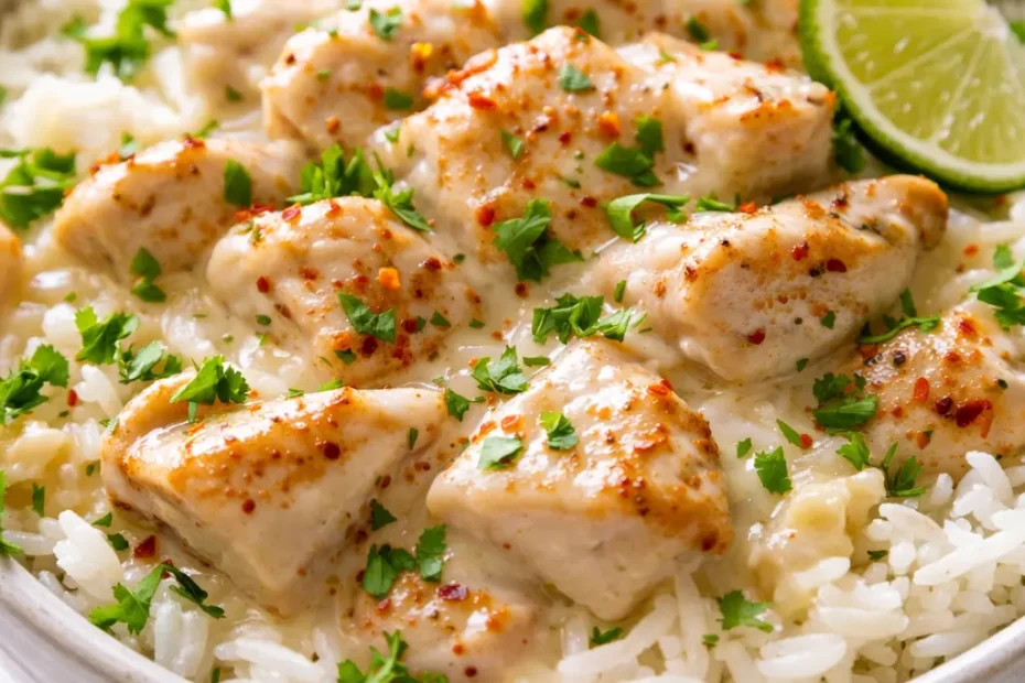 Creamy coconut sauce coats tender chicken and fluffy rice in one-pan bowls, garnished with fresh herbs and colorful toppings.