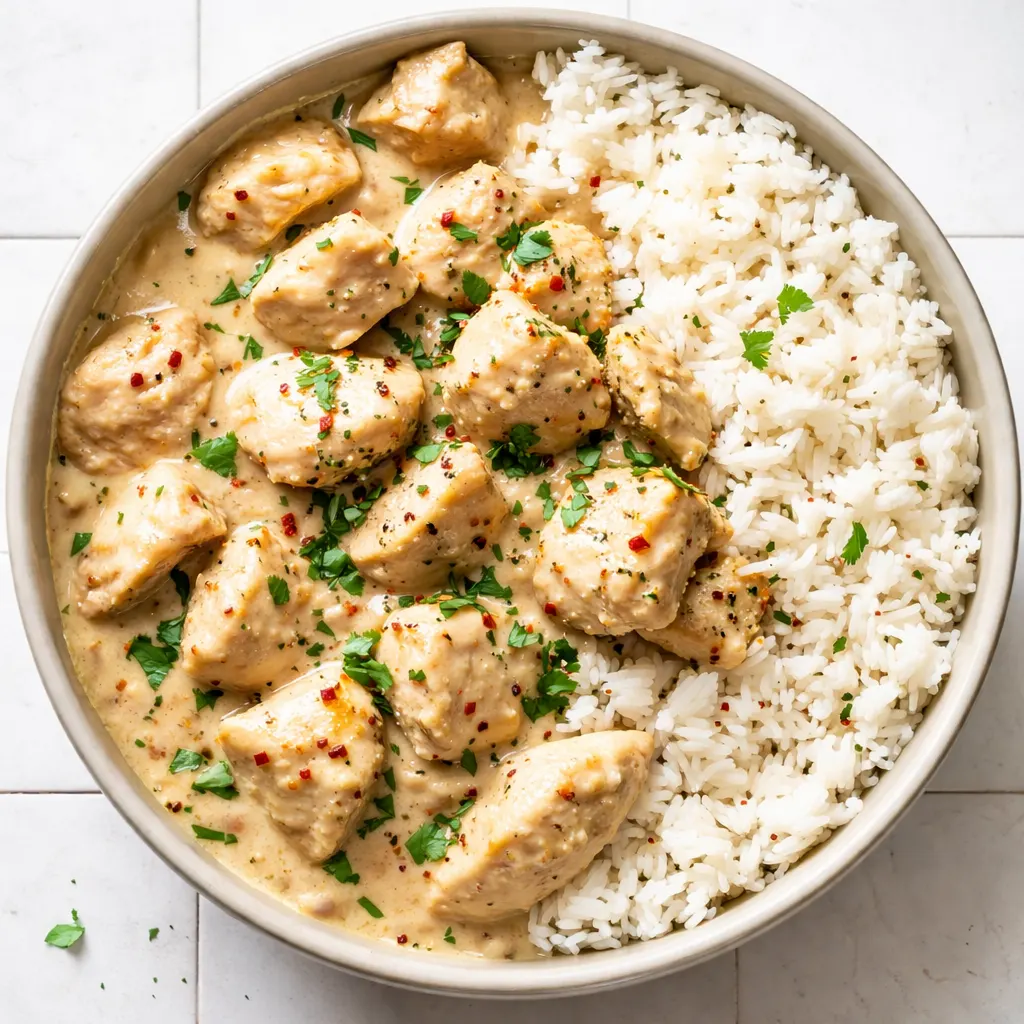 Creamy coconut milk simmering with seasoned chicken and jasmine rice in a single pan, garnished with fresh cilantro