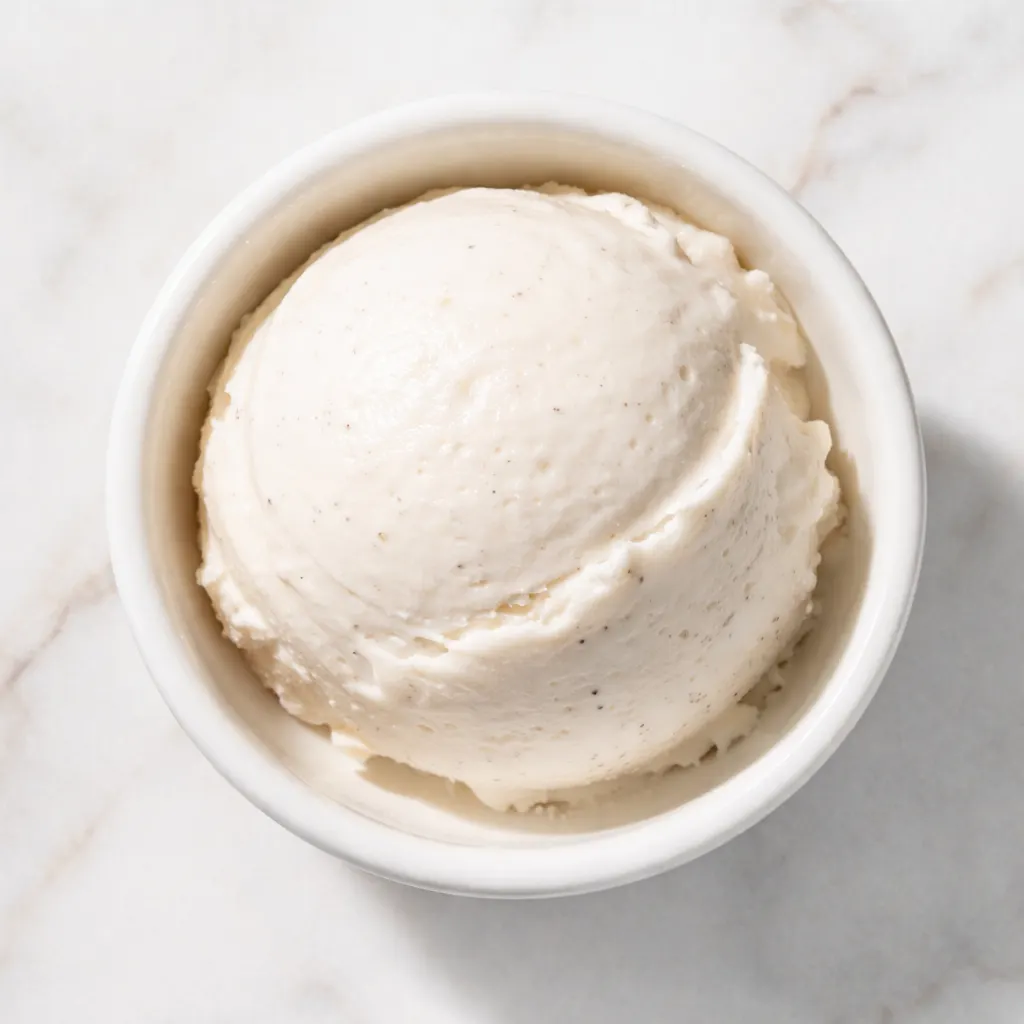Creamy coconut ice cream scooped into a bowl, its soft and smooth texture ensuring it stays creamy even after freezing.