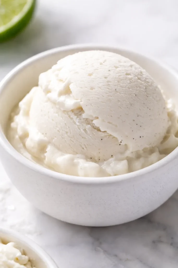 Scoop of creamy coconut ice cream with a smooth, velvety texture and pale white color in a glass bowl.