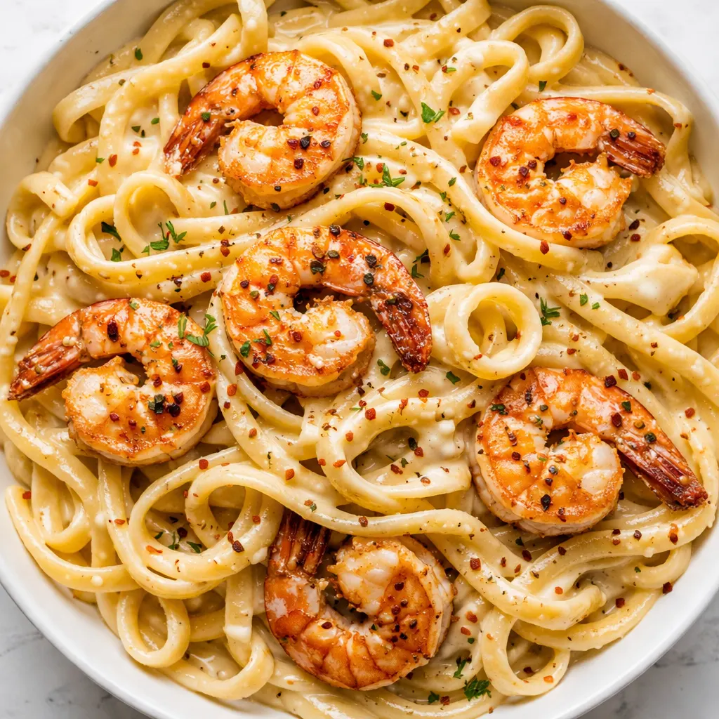 Creamy garlic butter shrimp pasta with plump shrimp and al dente spaghetti, garnished with parsley.