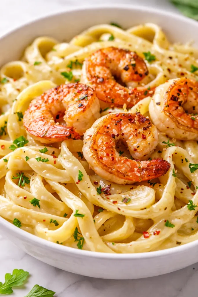 Plated creamy garlic butter shrimp pasta with succulent shrimp in rich sauce, garnished with fresh parsley on a white plate.