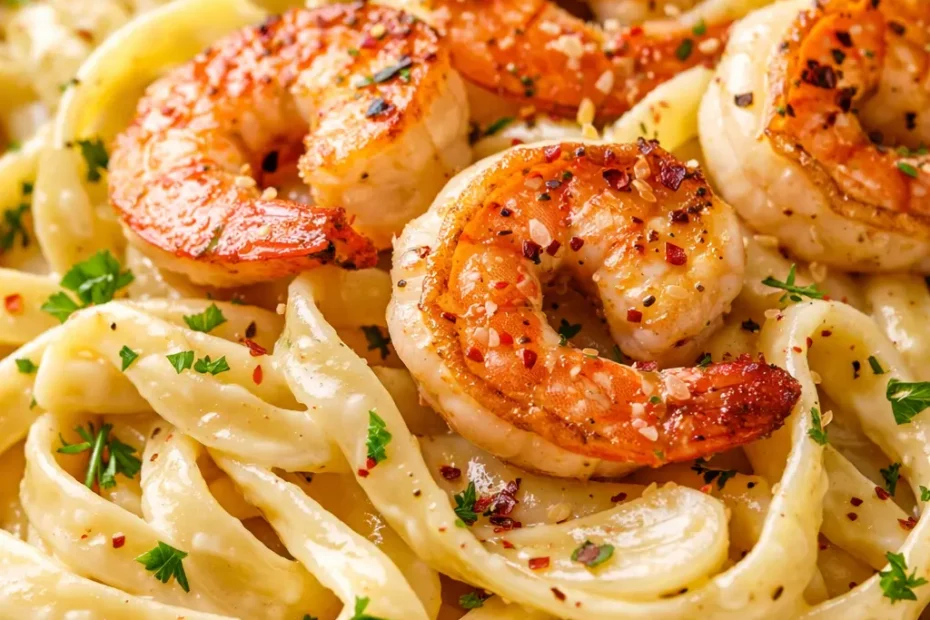 Plated creamy garlic butter shrimp pasta with succulent shrimp in rich sauce, garnished with fresh parsley on a white plate.