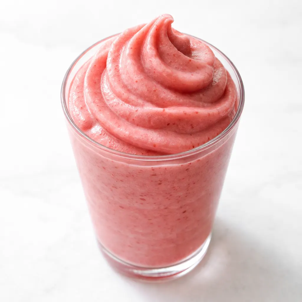 Thick, creamy strawberry Dole Whip blending into a smooth, pink frozen treat with a velvety texture.