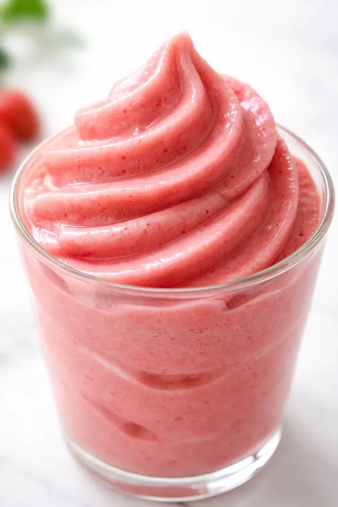 Creamy homemade strawberry Dole Whip in a tall glass, vibrant pink swirl with fresh strawberry chunks, smooth and airy texture.