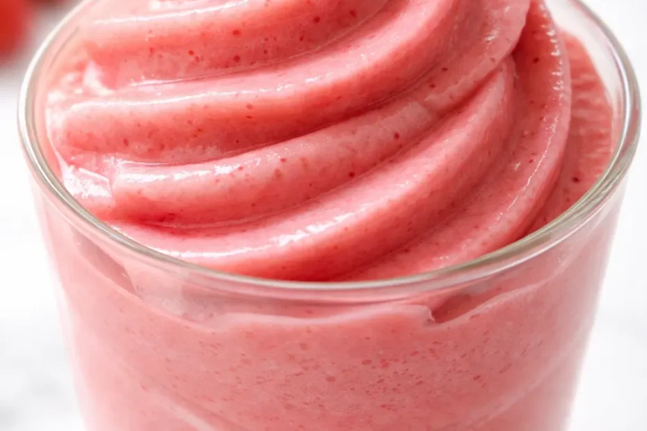 Creamy homemade strawberry Dole Whip in a tall glass, vibrant pink swirl with fresh strawberry chunks, smooth and airy texture.