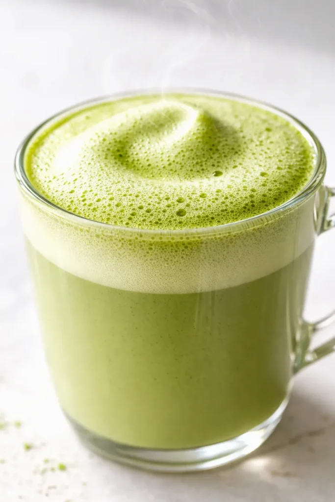 Creamy café-style matcha green tea latte in a tall glass showing vibrant green tea and frothy milk foam.
