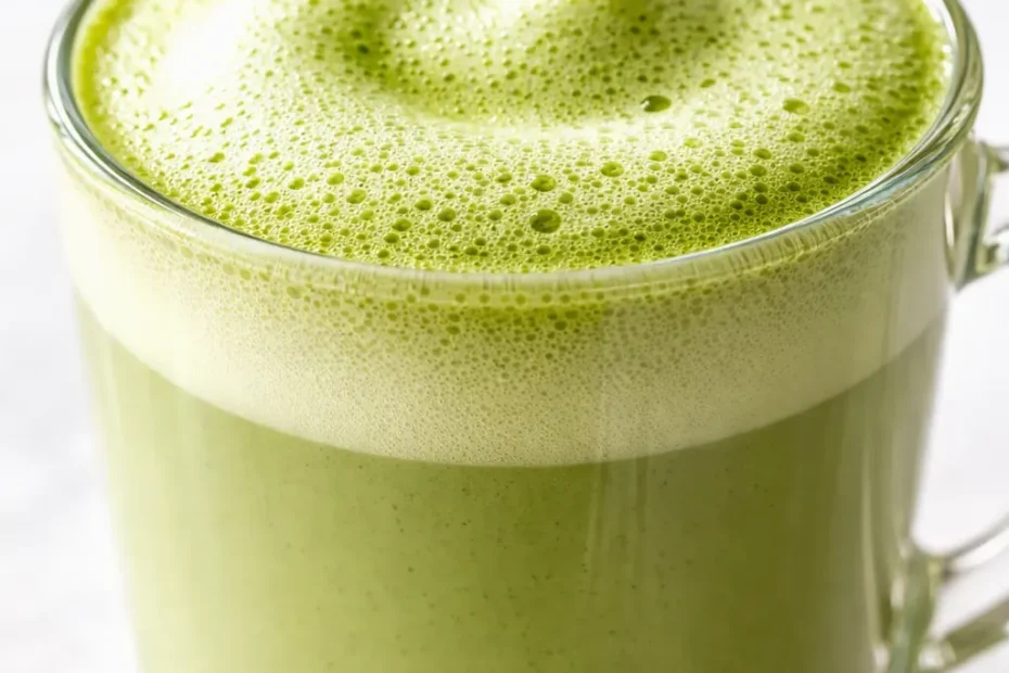 Creamy café-style matcha green tea latte in a tall glass showing vibrant green tea and frothy milk foam.