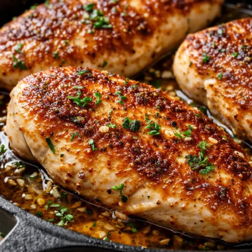Creamy ranch chicken with golden-brown chicken breasts in a rich, creamy white sauce speckled with fresh parsley and black pepper.