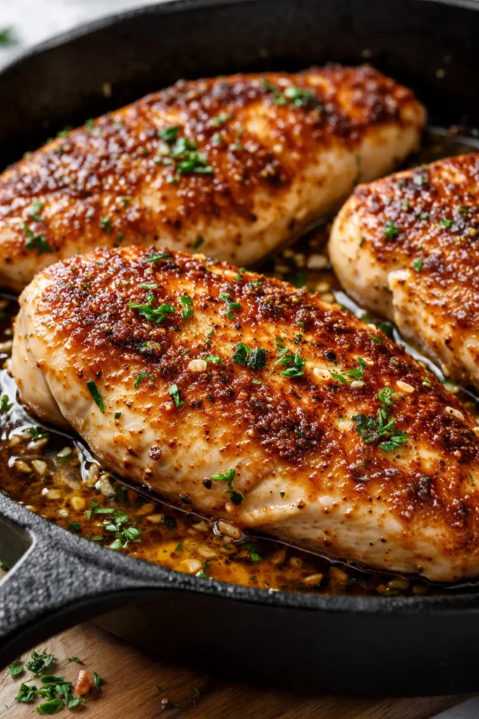 Creamy ranch chicken with golden-brown chicken breasts in a rich, creamy white sauce speckled with fresh parsley and black pepper.