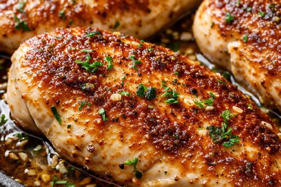 Creamy ranch chicken with golden-brown chicken breasts in a rich, creamy white sauce speckled with fresh parsley and black pepper.
