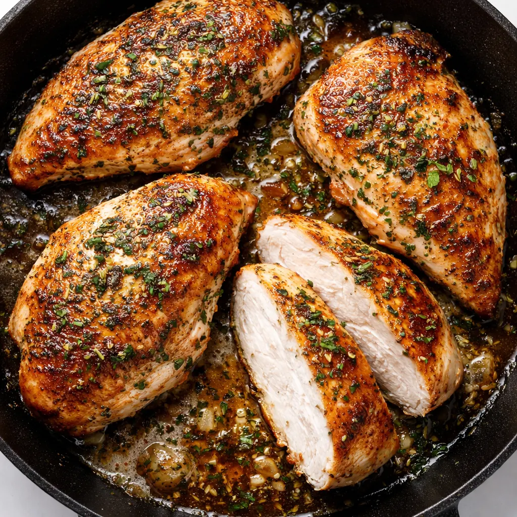 Golden brown chicken breasts simmering in a creamy ranch sauce with herbs and garlic in a skillet.