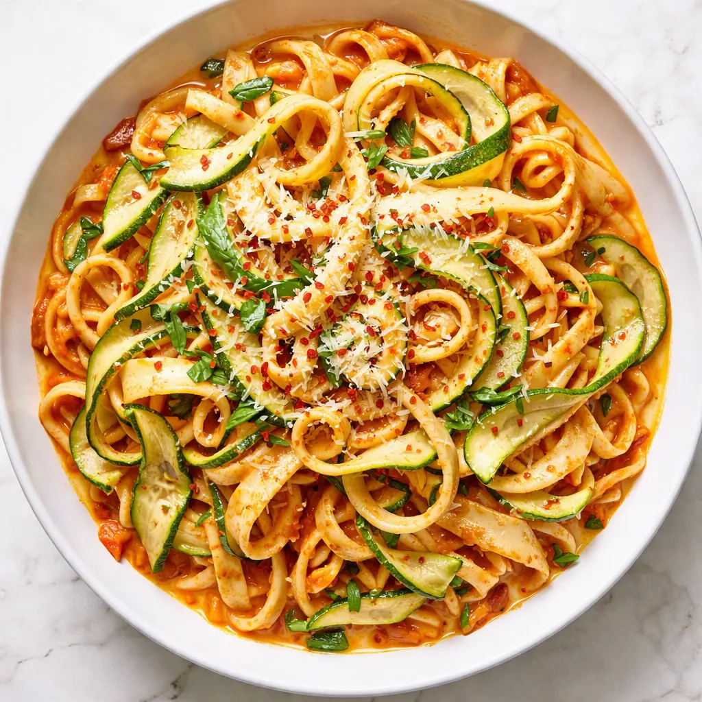 Creamy tomato zucchini pasta in a white bowl, topped with fresh basil, showing rich sauce and tender zucchini slices.