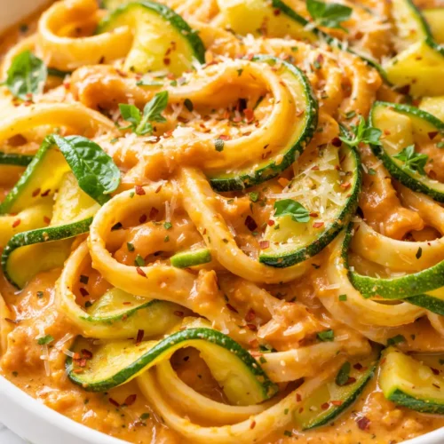 Creamy tomato zucchini pasta with tender zucchini ribbons in a rich tomato cream sauce, topped with fresh basil.
