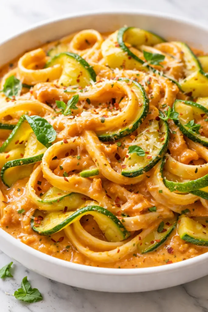 Creamy tomato zucchini pasta with tender zucchini ribbons in a rich tomato cream sauce, topped with fresh basil.