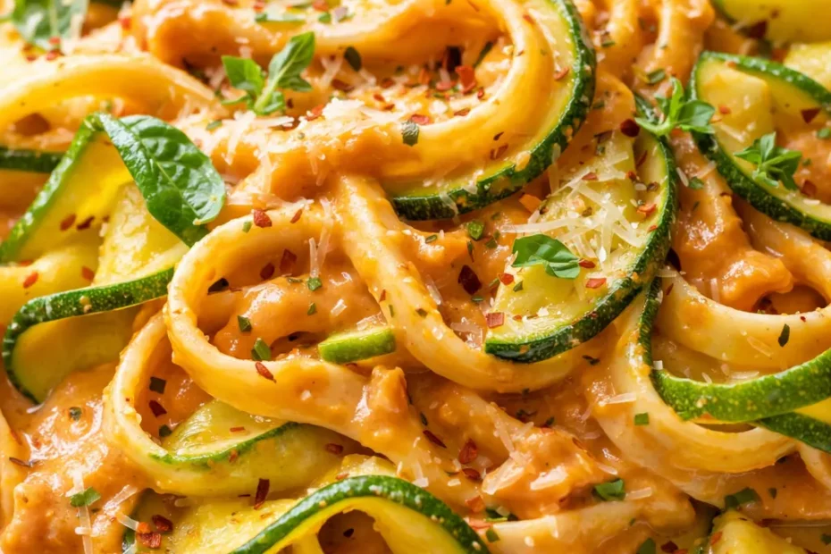 Creamy tomato zucchini pasta with tender zucchini ribbons in a rich tomato cream sauce, topped with fresh basil.