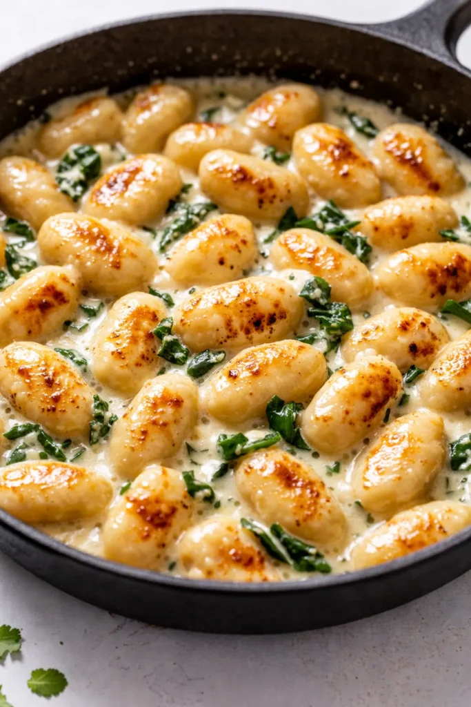 Creamy Tuscan gnocchi in a rich sauce with spinach and sun-dried tomatoes, topped with grated Parmesan cheese.