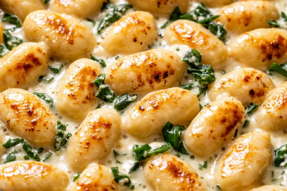 Creamy Tuscan gnocchi in a rich sauce with spinach and sun-dried tomatoes, topped with grated Parmesan cheese.