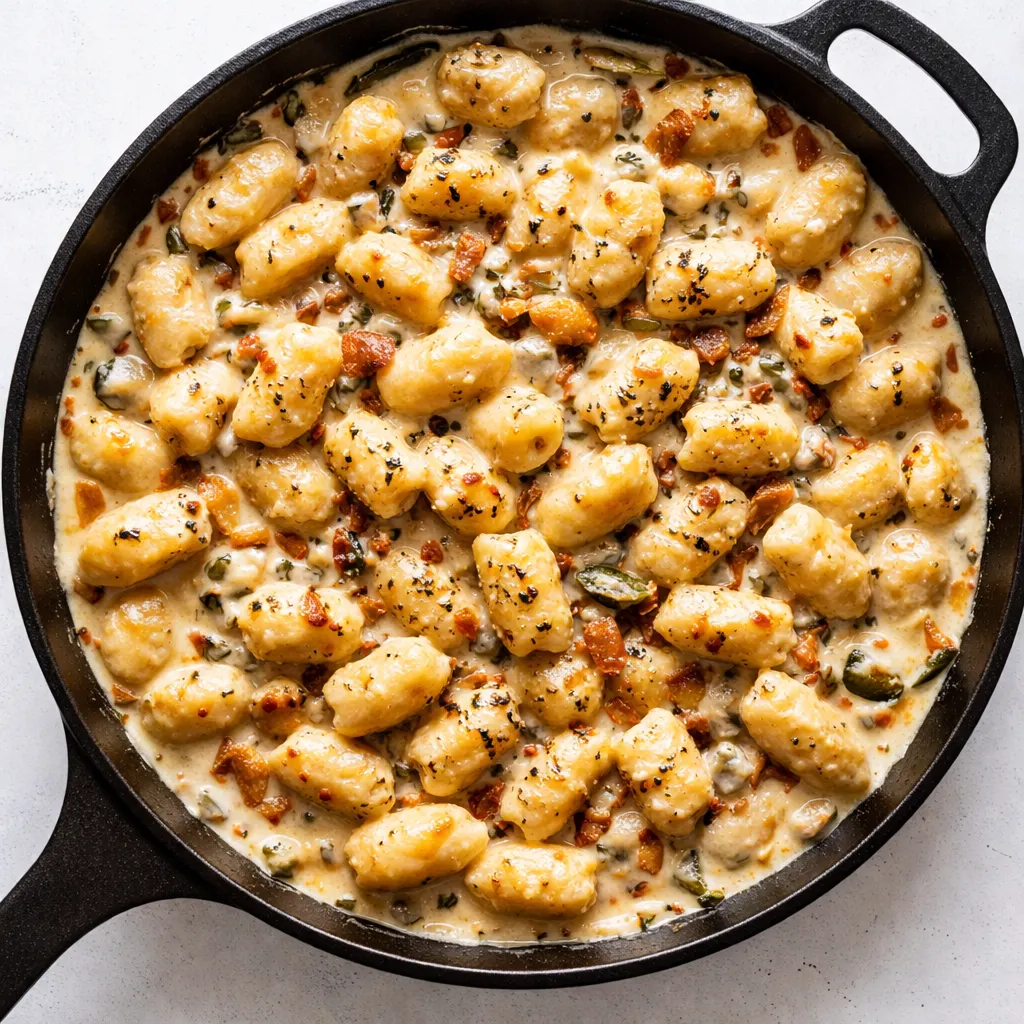 Golden pan-seared gnocchi tossed with creamy spinach and sun-dried tomato sauce, garnished with Parmesan.