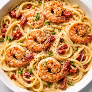 Creamy Tuscan Shrimp Linguine with succulent shrimp and linguine in a velvety cream sauce, flecked with sun-dried tomatoes and spinach.