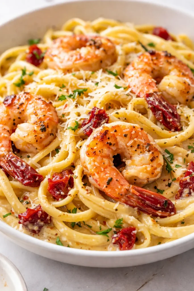 Creamy Tuscan shrimp linguine with succulent shrimp, al dente pasta, and vibrant sun-dried tomatoes in a velvety sauce.