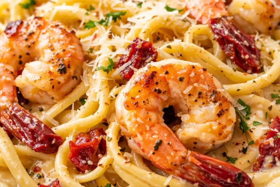 Creamy Tuscan shrimp linguine with succulent shrimp, al dente pasta, and vibrant sun-dried tomatoes in a velvety sauce.