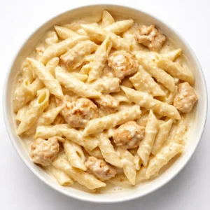 Sautéing golden chicken pieces in a skillet, preparing creamy white cheddar chicken pasta with a rich, smooth white cheddar sauce.