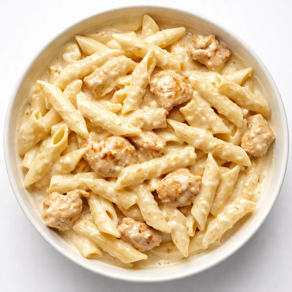 Sautéing golden chicken pieces in a skillet, preparing creamy white cheddar chicken pasta with a rich, smooth white cheddar sauce.