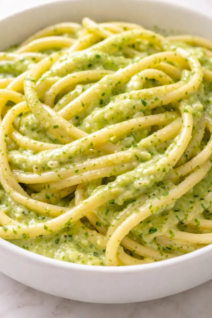 Creamy zucchini sauce with vibrant green ribbons, thick and smooth texture in a white bowl, garnished with fresh herbs