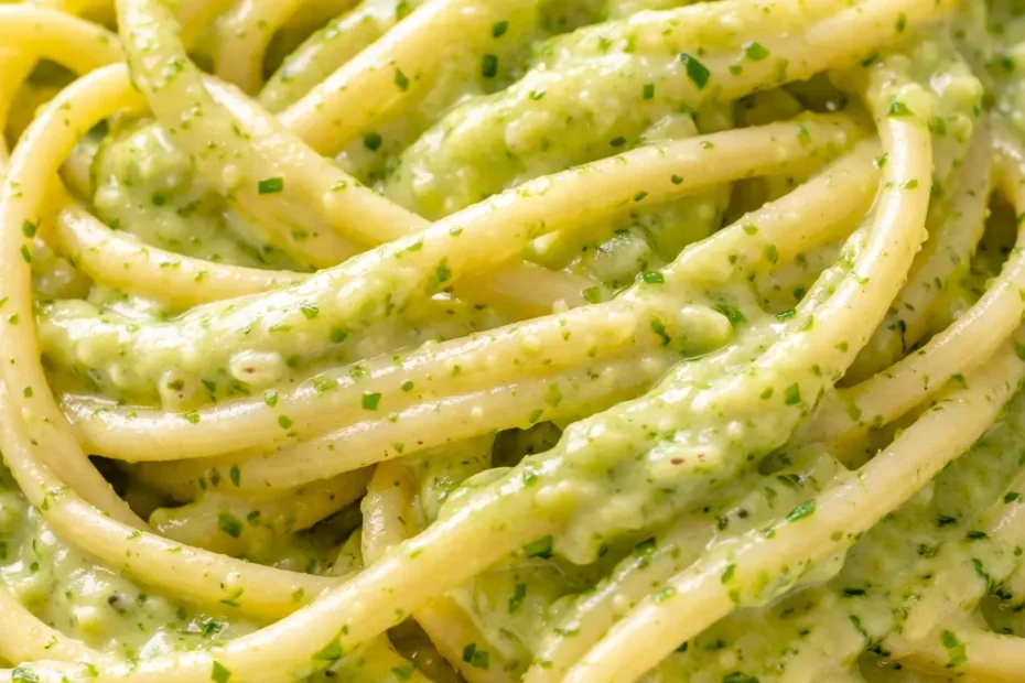 Creamy zucchini sauce with vibrant green ribbons, thick and smooth texture in a white bowl, garnished with fresh herbs