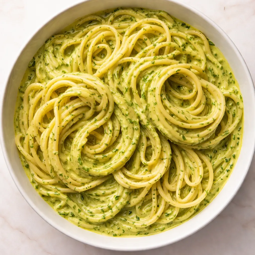 Thick creamy zucchini sauce being stirred in a skillet, vibrant green color with smooth texture, no watery separation.