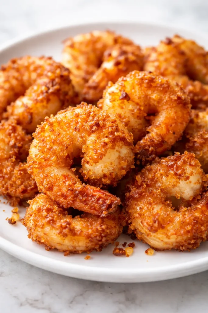 Crispy air fryer shrimp with golden breading on a platter, garnished with parsley and lemon slices.