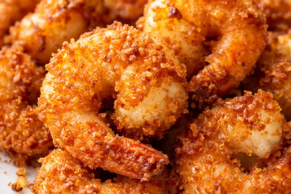 Crispy air fryer shrimp with golden breading on a platter, garnished with parsley and lemon slices.