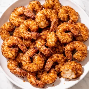 Golden brown crispy air fryer shrimp with crunchy coating in a wire basket, steam rising.