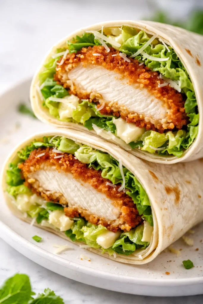Crispy, pan-seared chicken Caesar wraps with golden-brown exterior, fresh romaine, and a creamy garlicky dressing.