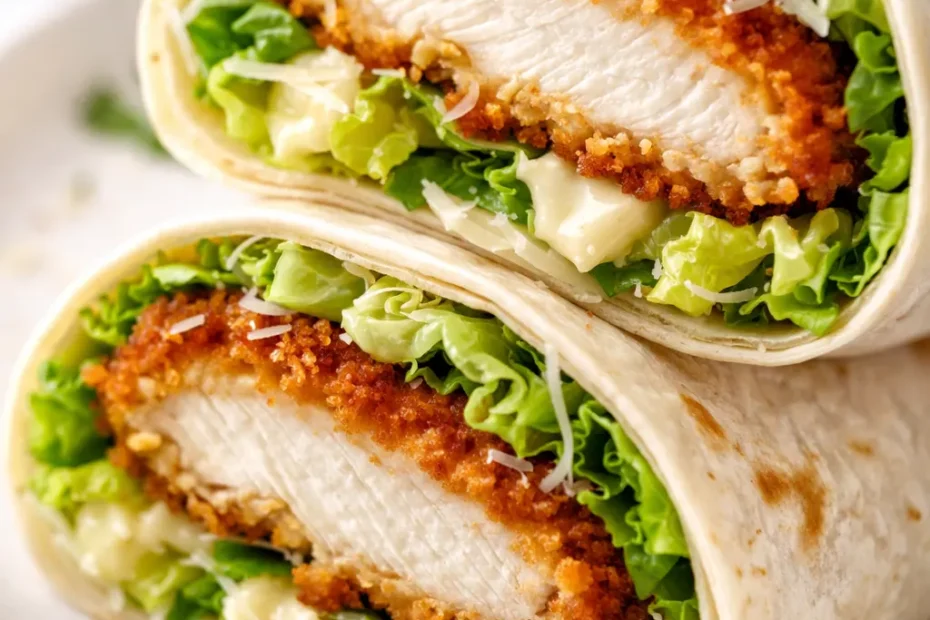 Crispy, pan-seared chicken Caesar wraps with golden-brown exterior, fresh romaine, and a creamy garlicky dressing.