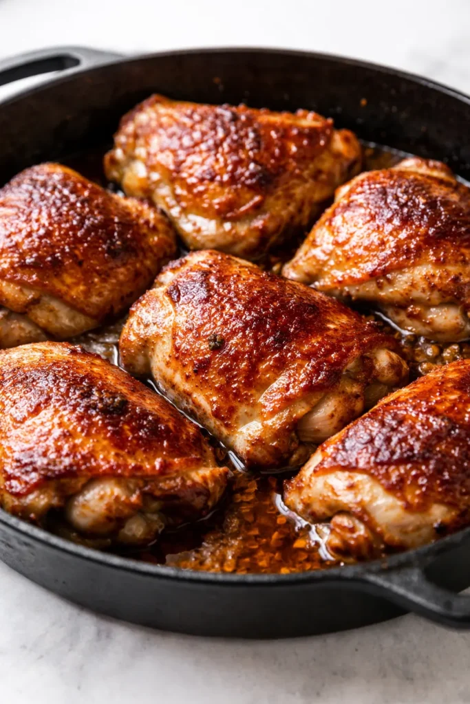 Crispy golden chicken thighs with bell peppers and onions in a glossy one-pan braise, garnished with fresh parsley.