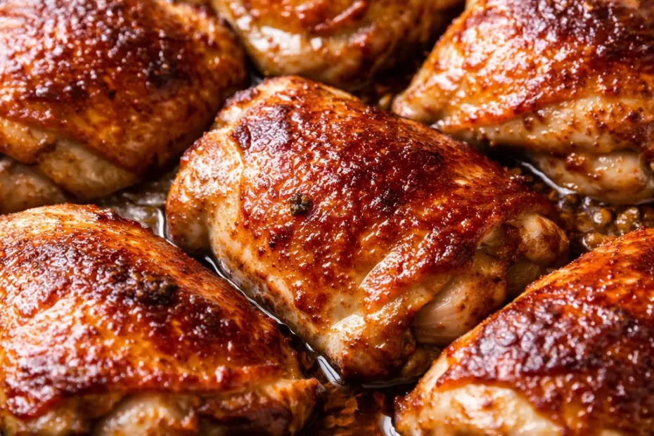Crispy golden chicken thighs with bell peppers and onions in a glossy one-pan braise, garnished with fresh parsley.