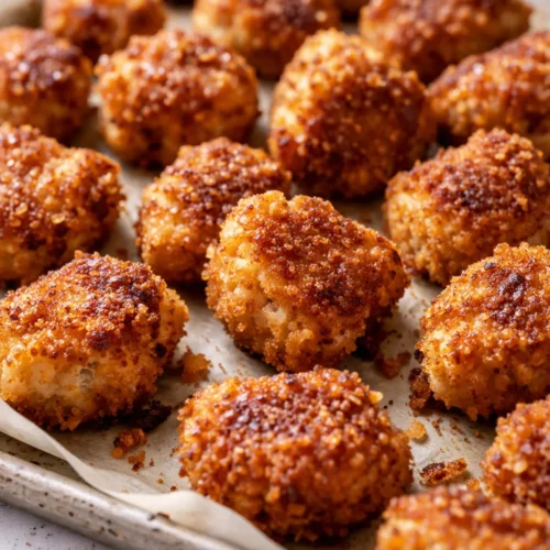 Golden crispy chickpea nuggets with a crunchy golden-brown coating, served with a creamy dipping sauce on a white plate.