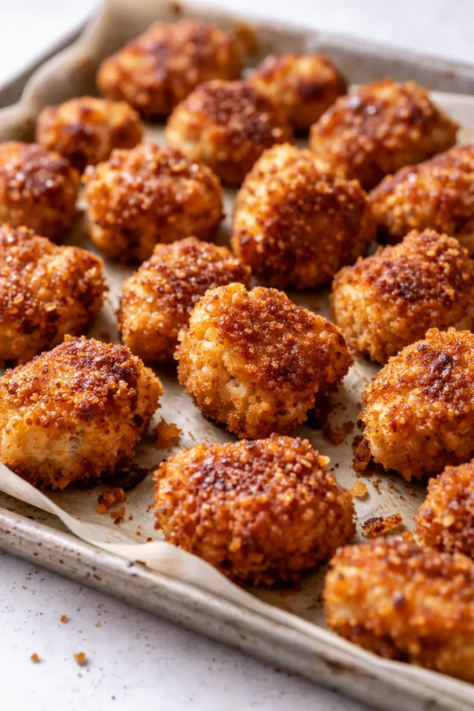 Golden crispy chickpea nuggets with a crunchy golden-brown coating, served with a creamy dipping sauce on a white plate.