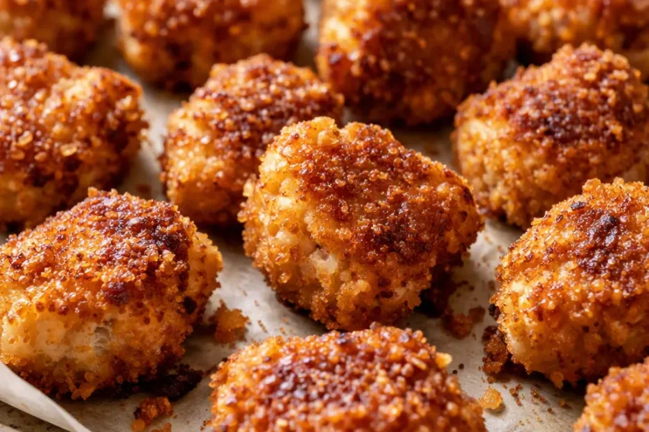 Golden crispy chickpea nuggets with a crunchy golden-brown coating, served with a creamy dipping sauce on a white plate.