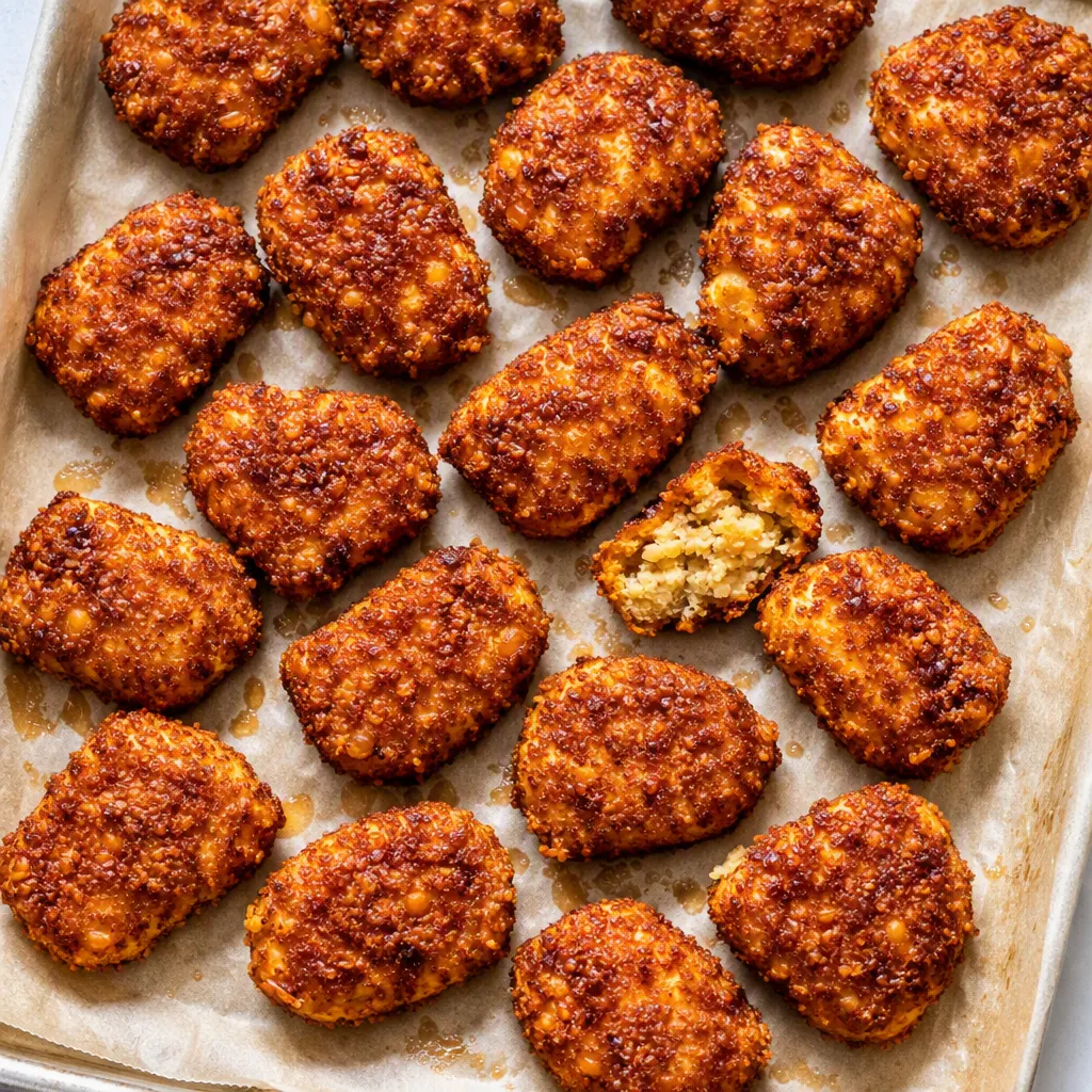 Golden crispy chickpea nuggets with a crunchy coating and soft interior, seasoned with herbs.
