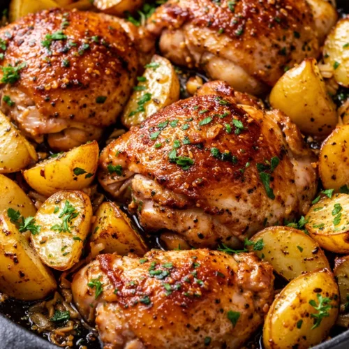 Golden-brown crispy skin chicken thighs and roasted potato wedges in a garlic butter sauce in a cast iron skillet.