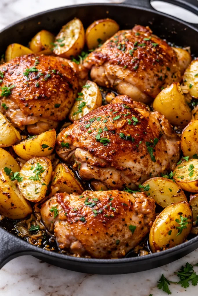 Golden-brown crispy skin chicken thighs and roasted potato wedges in a garlic butter sauce in a cast iron skillet.