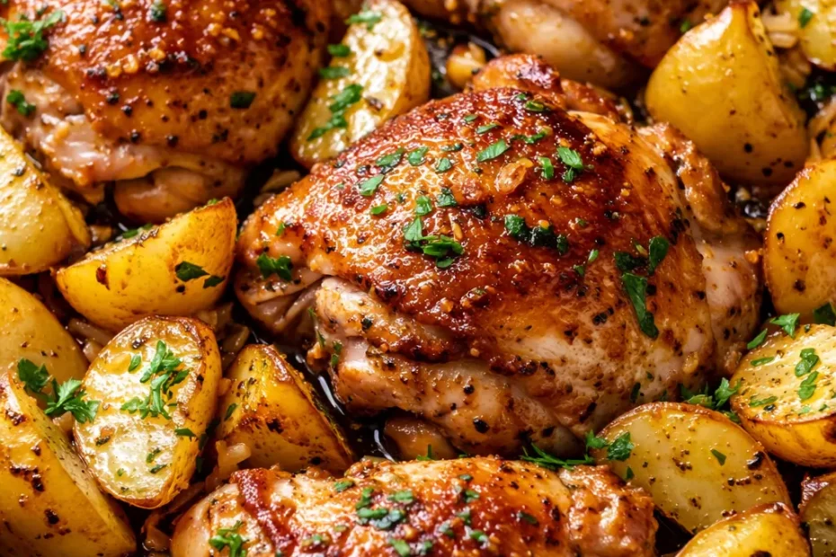 Golden-brown crispy skin chicken thighs and roasted potato wedges in a garlic butter sauce in a cast iron skillet.
