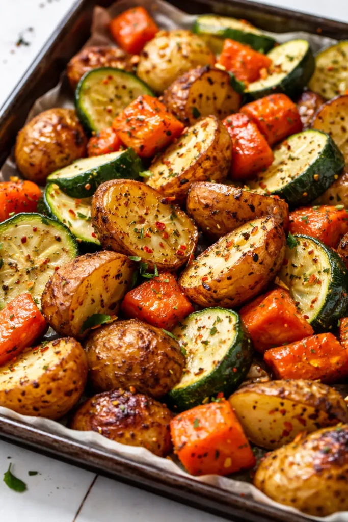 Crispy garlic herb roasted potatoes, carrots, and zucchini in a baking dish, golden brown and seasoned.