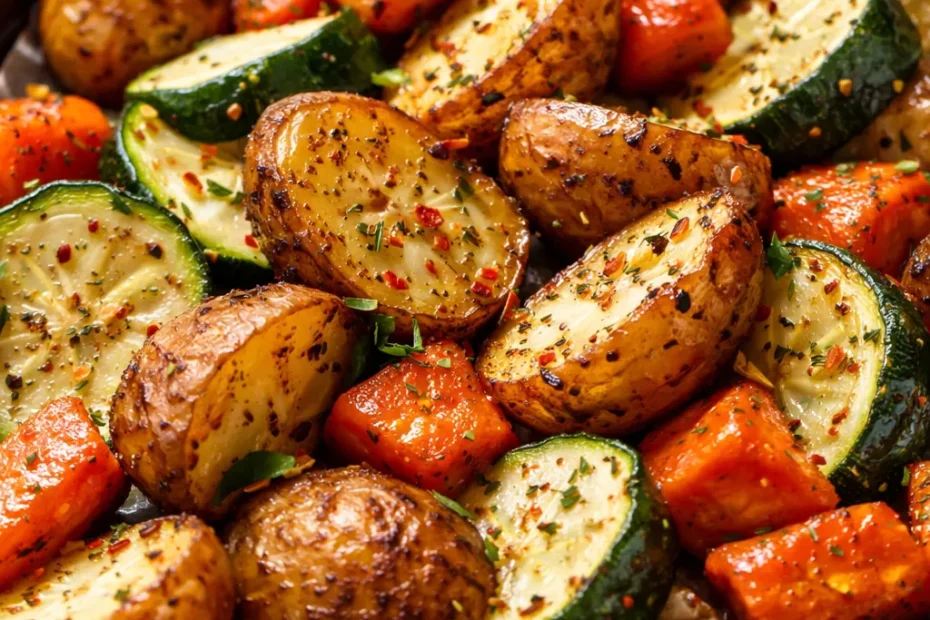 Crispy garlic herb roasted potatoes, carrots, and zucchini in a baking dish, golden brown and seasoned.