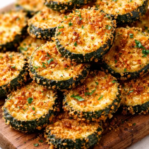 Golden brown crispy Italian zucchini garlic bites on a plate, with a side of marinara sauce, showing their crunchy exterior and tender green interior.