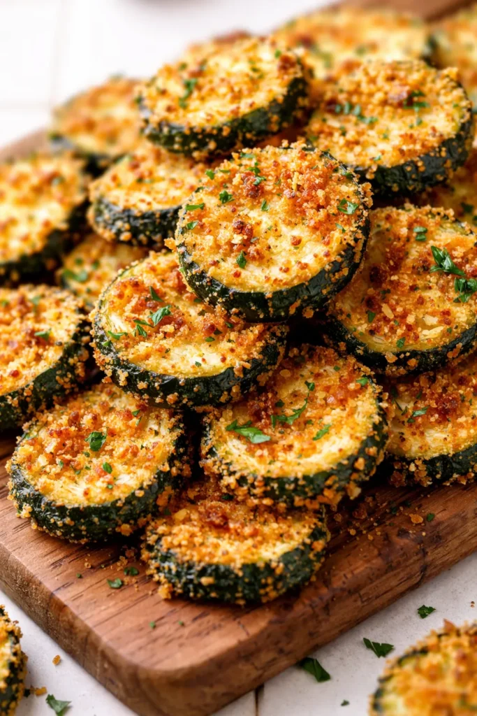 Golden brown crispy Italian zucchini garlic bites on a plate, with a side of marinara sauce, showing their crunchy exterior and tender green interior.